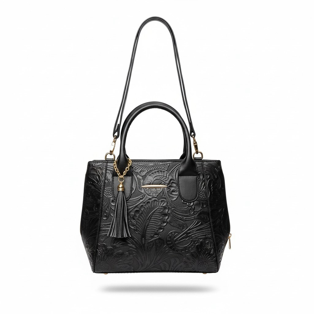 Black Zippered Floral Embossed Tooled Artisan LEATHER Hobo Bag Purse Artesanal - Picture 2 of 16